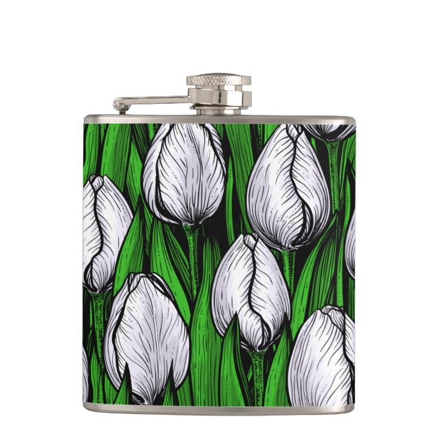 Weiße Tulpen mit grünen Blätter Flachmann (Vorderseite)