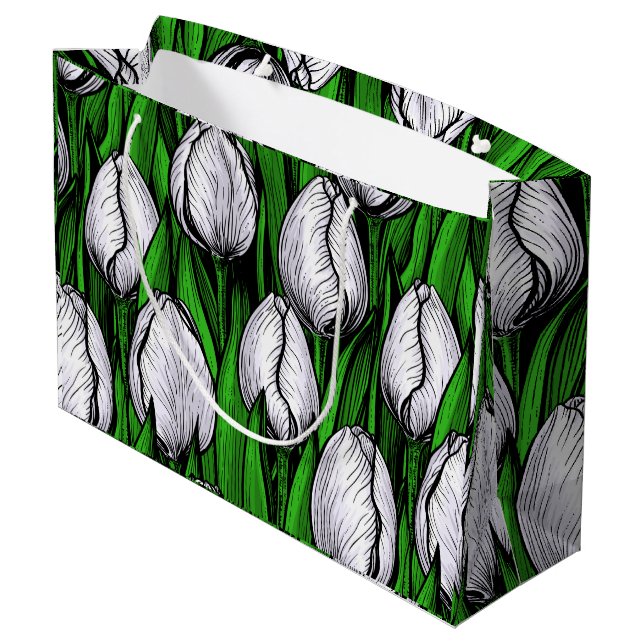 Weiße Tulpen mit grünen Blätter Große Geschenktüte (Rückseite Schrägansicht)