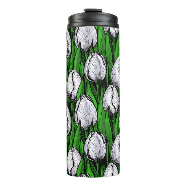 Weiße Tulpen mit grünen Blätter Thermosbecher (Vorderseite)
