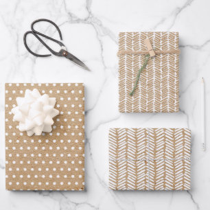 Weiße Tupfen auf braunem Kraft-Papier mit rustikal Geschenkpapier Set
