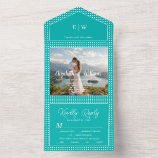 Weiße Tupfen auf Türkis – Personalisierte Hochzeit All In One Einladung