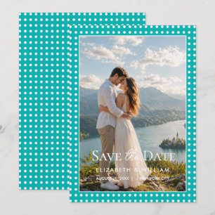Weiße Tupfen auf Türkis – Personalisierte Hochzeit Save The Date