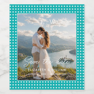 Weiße Tupfen auf Türkis – Personalisierte Hochzeit Weinetikett
