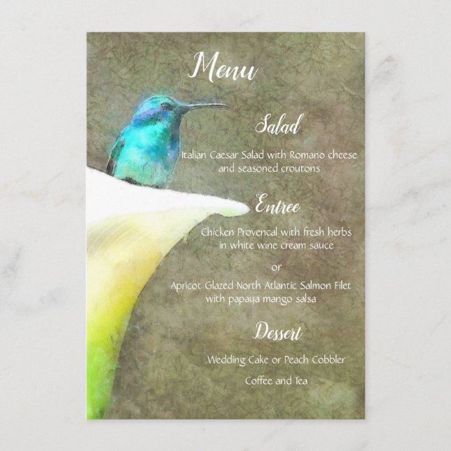 Weiße Türkis-Kolibri-Lilien-BlumenAquarell Menükarte (Vorderseite)