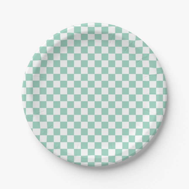 Weiße & Türkise Süße Schachbrett-Papierteller Pappteller (Vorderseite)