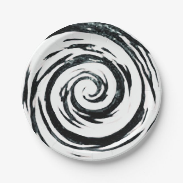 Weiße u. schwarze hypnotische Strudel-Kunst Pappteller (Vorderseite)