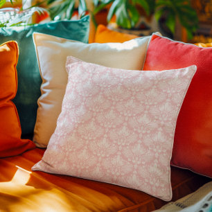 Weiße und blassrosa vintage Blumen-Damaskusmuster Kissen