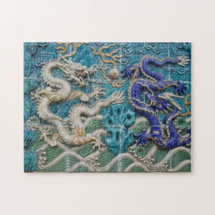 Weiße und blaue asiatische Art-Drachen Puzzle