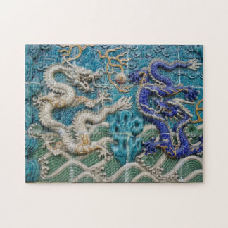 Weiße und blaue asiatische Art-Drachen Puzzle