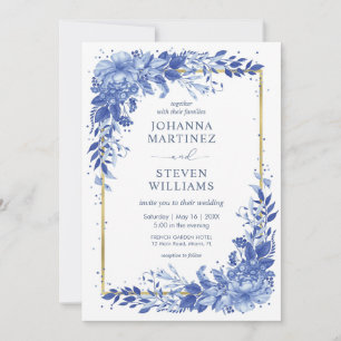 Weiße und blaue Blumen im goldenen Rahmen Hochzeit Einladung