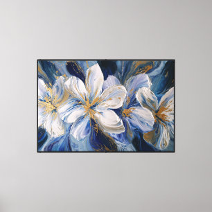 Weiße und blaue Blumen mit goldenen Akzenten Leinwanddruck
