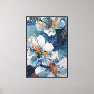 Weiße und blaue Blumen mit goldenen Highlights Leinwanddruck