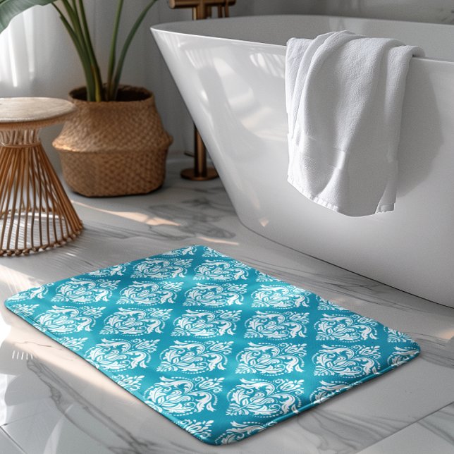 Weiße und blaue florale Damastmuster Badematte (Von Creator hochgeladen)