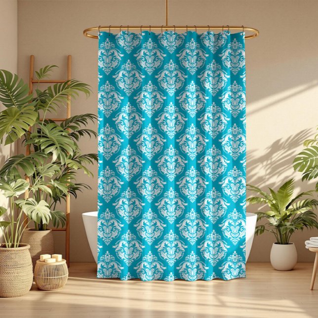 Weiße und blaue florale Damastmuster Duschvorhang (Von Creator hochgeladen)