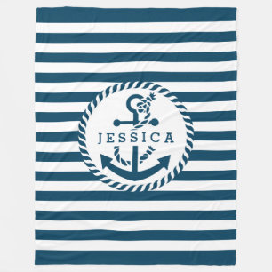 Weiße und blaue Streifen und Anker für Wasserfahrz Fleecedecke
