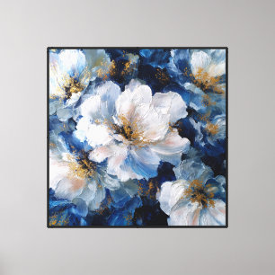 Weiße und blaue texturierte Blumen mit goldenen Ak Leinwanddruck