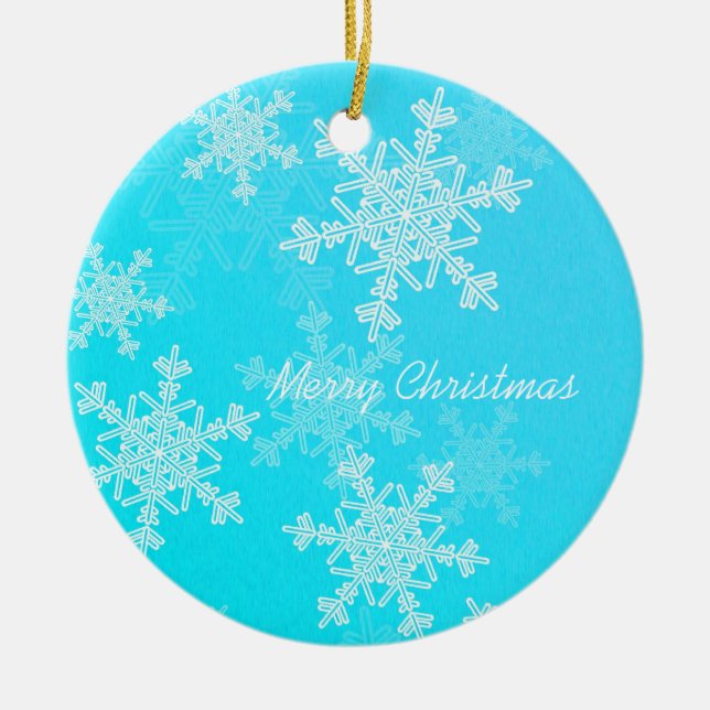 Weiße und blaue Weihnachtsschneeflocken Keramikornament (Vorne)