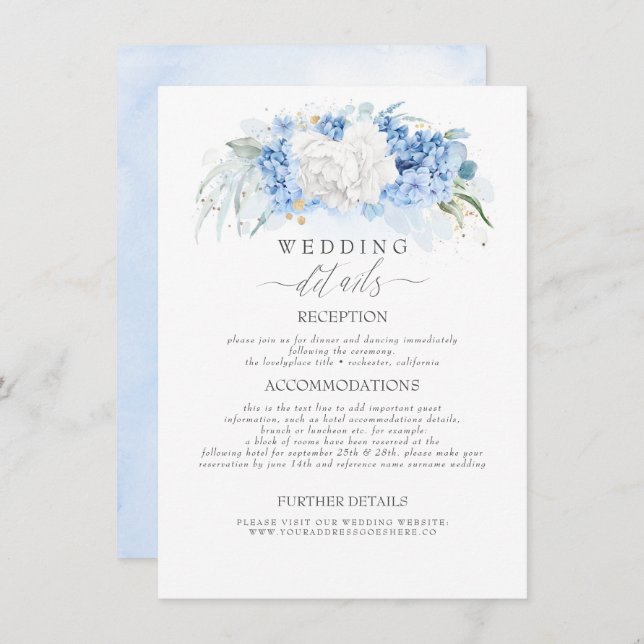 Weiße und dunkelblaue Blumen Hochzeitsinformatione Begleitkarte (Vorne/Hinten)