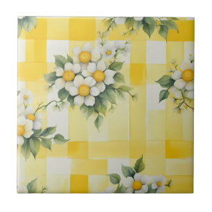 Weiße und gelbe Blumen auf gelbem Farmhouse-Karo Fliese