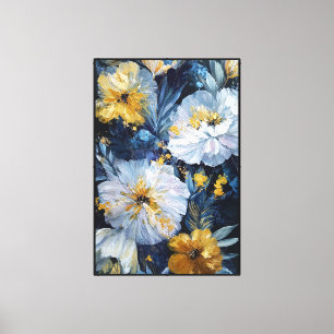 Weiße und gelbe Blüten mit blauem Laub Leinwanddruck