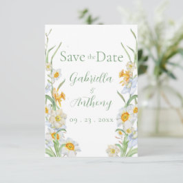 Weiße und gelbe Daffodische Blumenschrift Save The Date