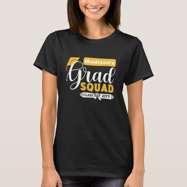 Weiße und gelbe Schrift Weibliche Schwarzer Grad-Q T-Shirt (Vorderseite)