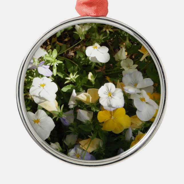 Weiße und gelbe Stiefmütterchen Silbernes Ornament (Vorne)