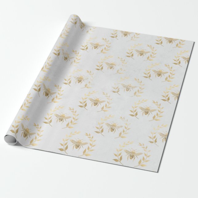 Weiße und goldene Bienenhochzeit  Geschenkpapier (Ungerollt)