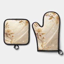 Weiße und goldene Blumen Ofenhandschuhe und Topfla