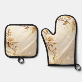 Weiße und goldene Blumen Ofenhandschuhe und Topfla Ofenhandschuh & Topflappen-Set