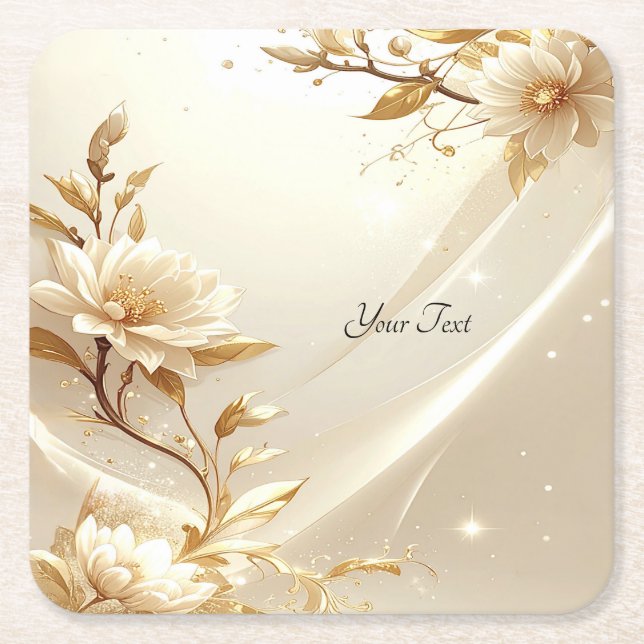 Weiße und goldene Blumen Papier Untersetzer (Vorderseite)
