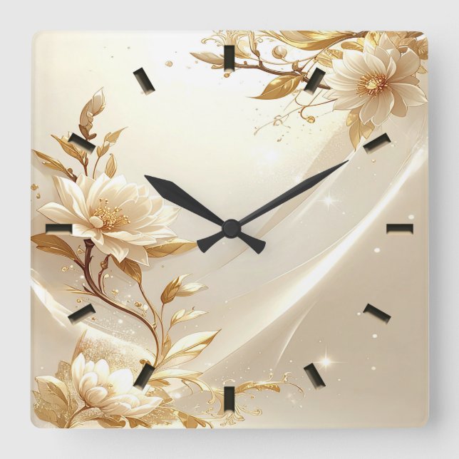 Weiße und goldene Blumen Wanduhr (Vorderseite)