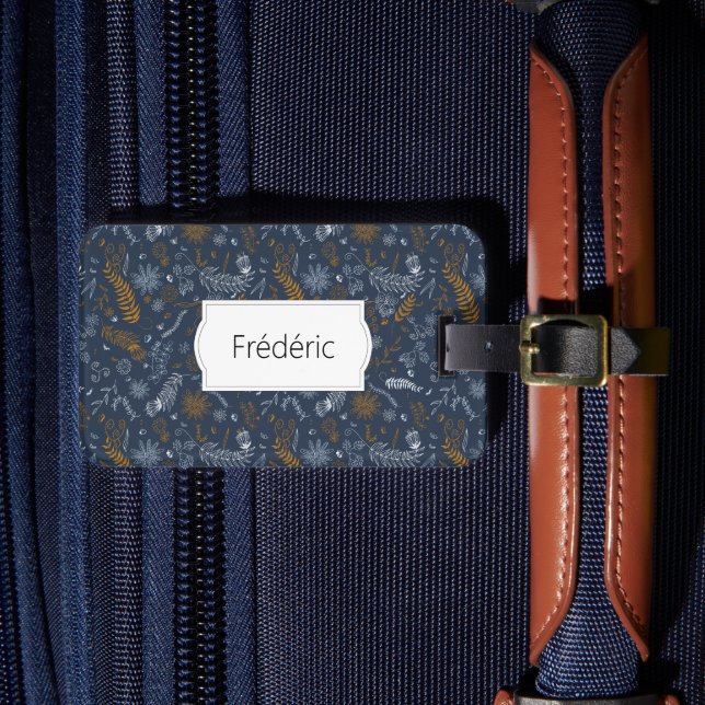 Weiße und goldene Blumendoodles in blau Gepäckanhänger (Vorderseite Insitu 4)