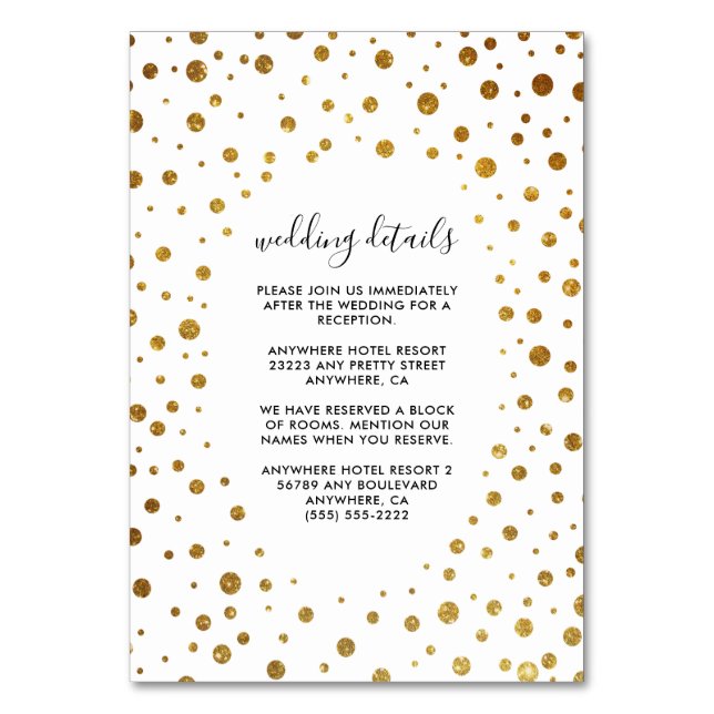 Weiße und goldene Confetti-Foil-Hochzeitskarten Tischnummer (Vorderseite)