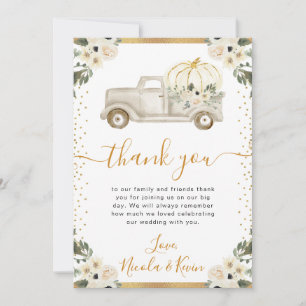 Weiße und goldene florale Kürbislaster-Hochzeit im Dankeskarte