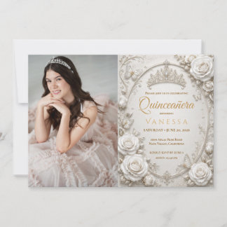 Weiße und goldene Foto-Quinceanera-Einladung Einladung