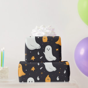 Weiße und goldene Geister Sterne Schwarzes Hallowe Geschenkpapier