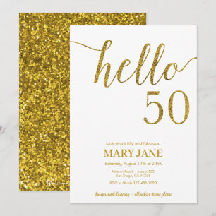 Weiße und goldene Glitter-Einladung zum 50. Geburt Einladung