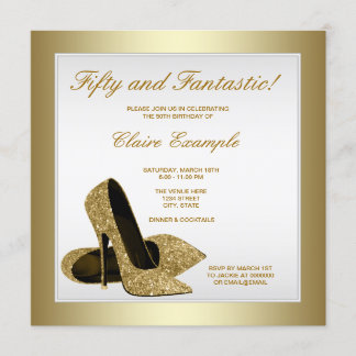 Weiße und goldene High Heels Frauen 50. Geburtstag Einladung