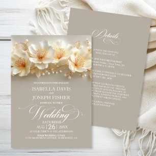 Weiße und goldene Hochzeit mit floralem Motiv in e Einladung