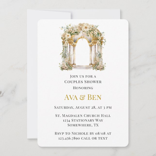 Weiße und goldene Kirchenpaare Dusche Einladung (Vorderseite)
