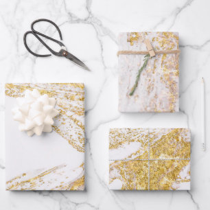 Weiße und goldene Marmor Geschenkpapier Set