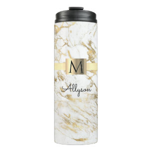 Weiße und goldene Marmoroptik, goldene Schachtel, Thermosbecher