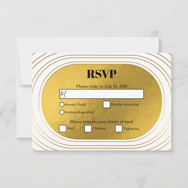 Weiße und goldene moderne Minimalistische Arch-Hoc RSVP Karte (Vorderseite)