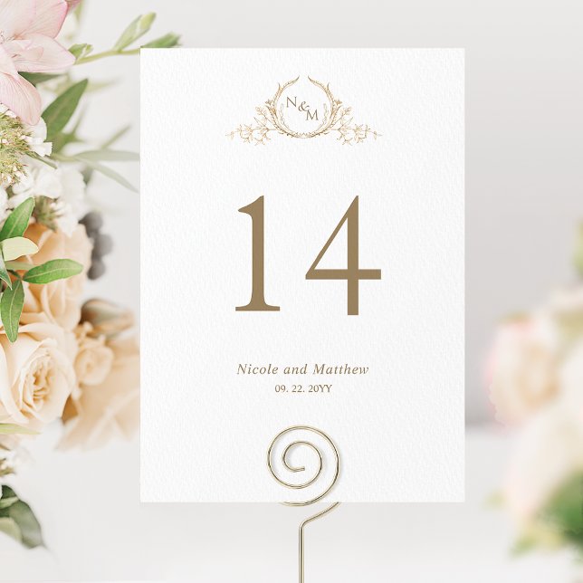 Weiße und goldene Monogramm-Hochzeitstisch-Nummer (Von Creator hochgeladen)