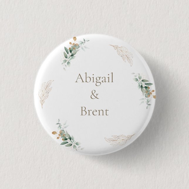 Weiße und goldene personalisierte Blatt-Hochzeit Button (Vorderseite)