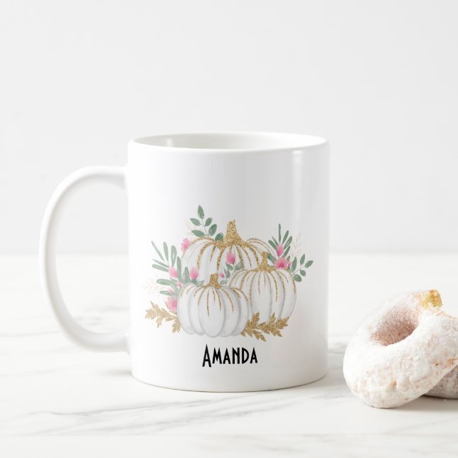 Weiße und goldene Pumpkins Wasserfarbe Kaffeetasse (Mit Donut)