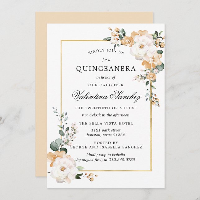 Weiße und goldene Rose Blumenquinceanera Einladung (Vorne/Hinten)