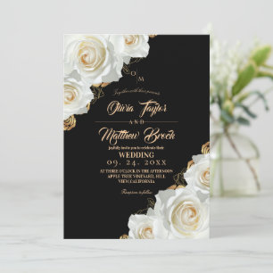 Weiße und goldene Rosen Florale schwarze Hochzeit Einladung