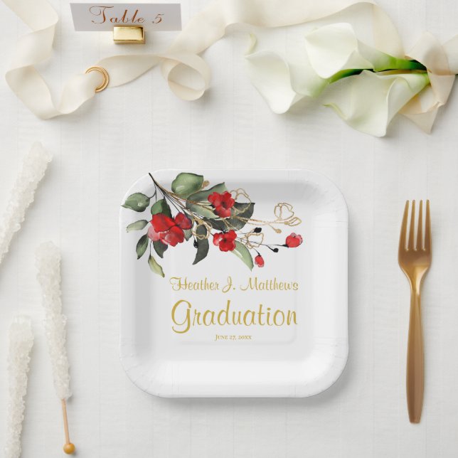Weiße und goldene rote Blumengratulationsparty Pappteller (Hochzeit)